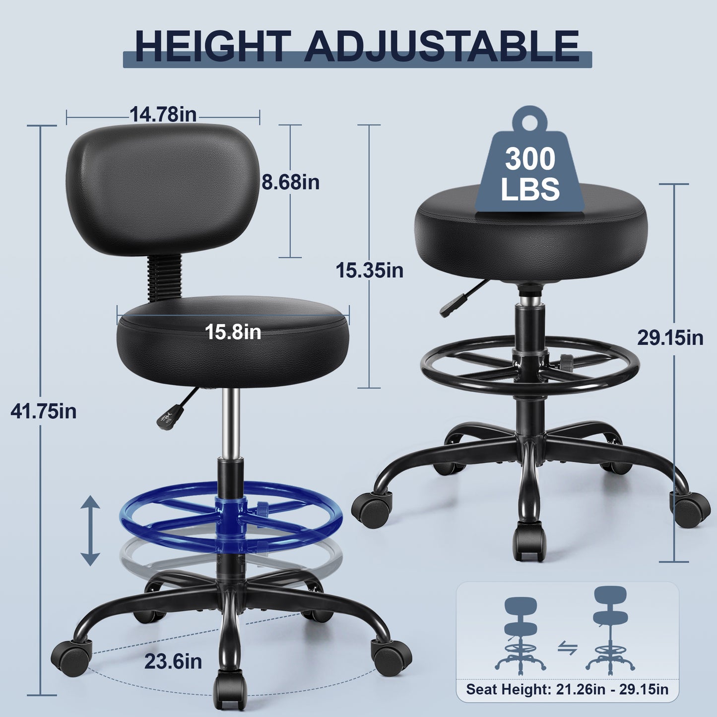 Drafting Chair with Backrest – Adjustable Foot Rest Rolling Stool with Wheels, PU Leather Swivel Stool for Office Spa Studio Lab Counter Salon Home Work Bar Kitchen Shop