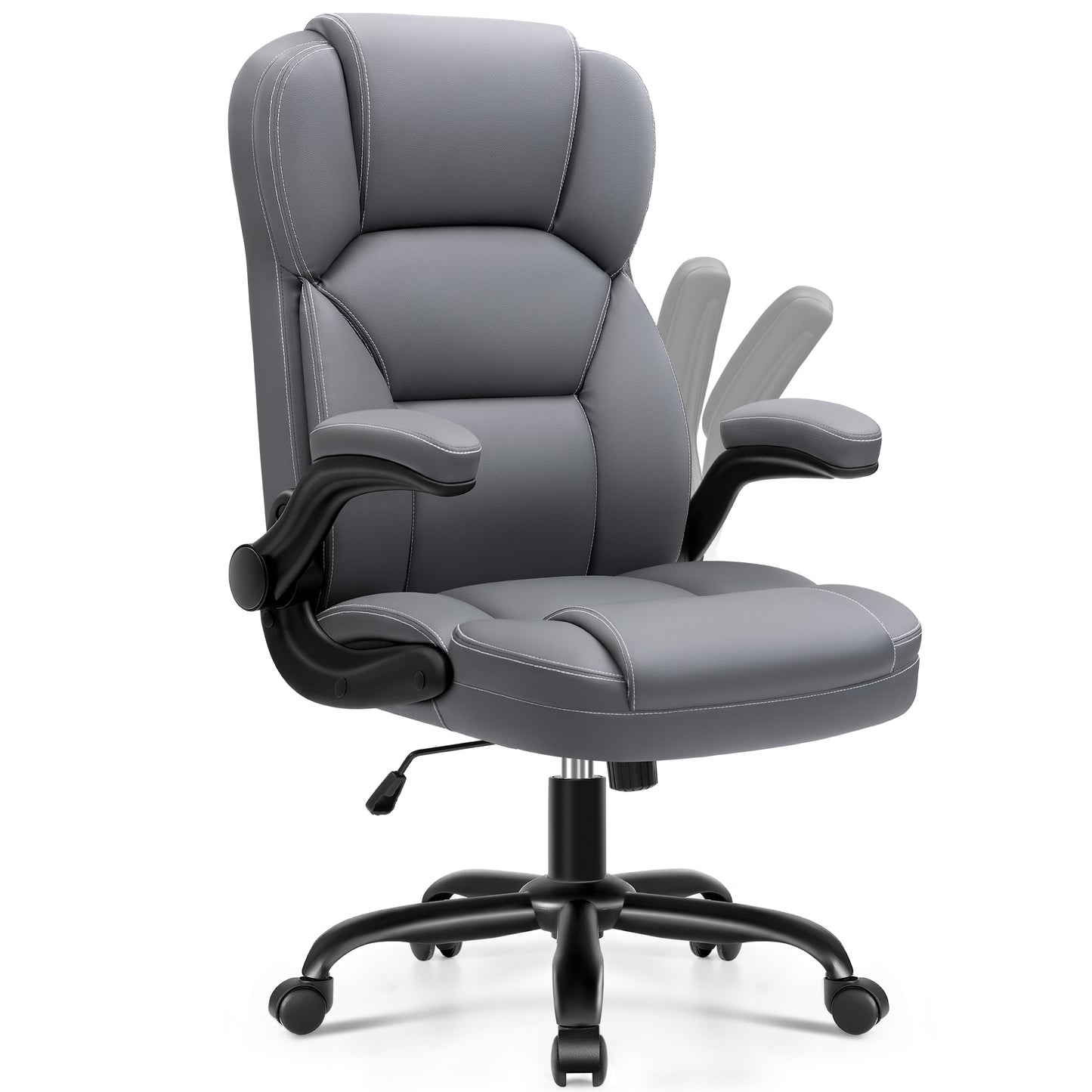 Leather Office Chair with Flip Up Arms, 360° Swivel Ergonomic Desk Chair with Rocking Function