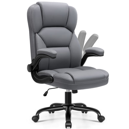 Leather Office Chair with Flip Up Arms, 360° Swivel Ergonomic Desk Chair with Wheels, Adjustable Height Computer Chair with Padded Seat for Home Office, Study,Gaming Room