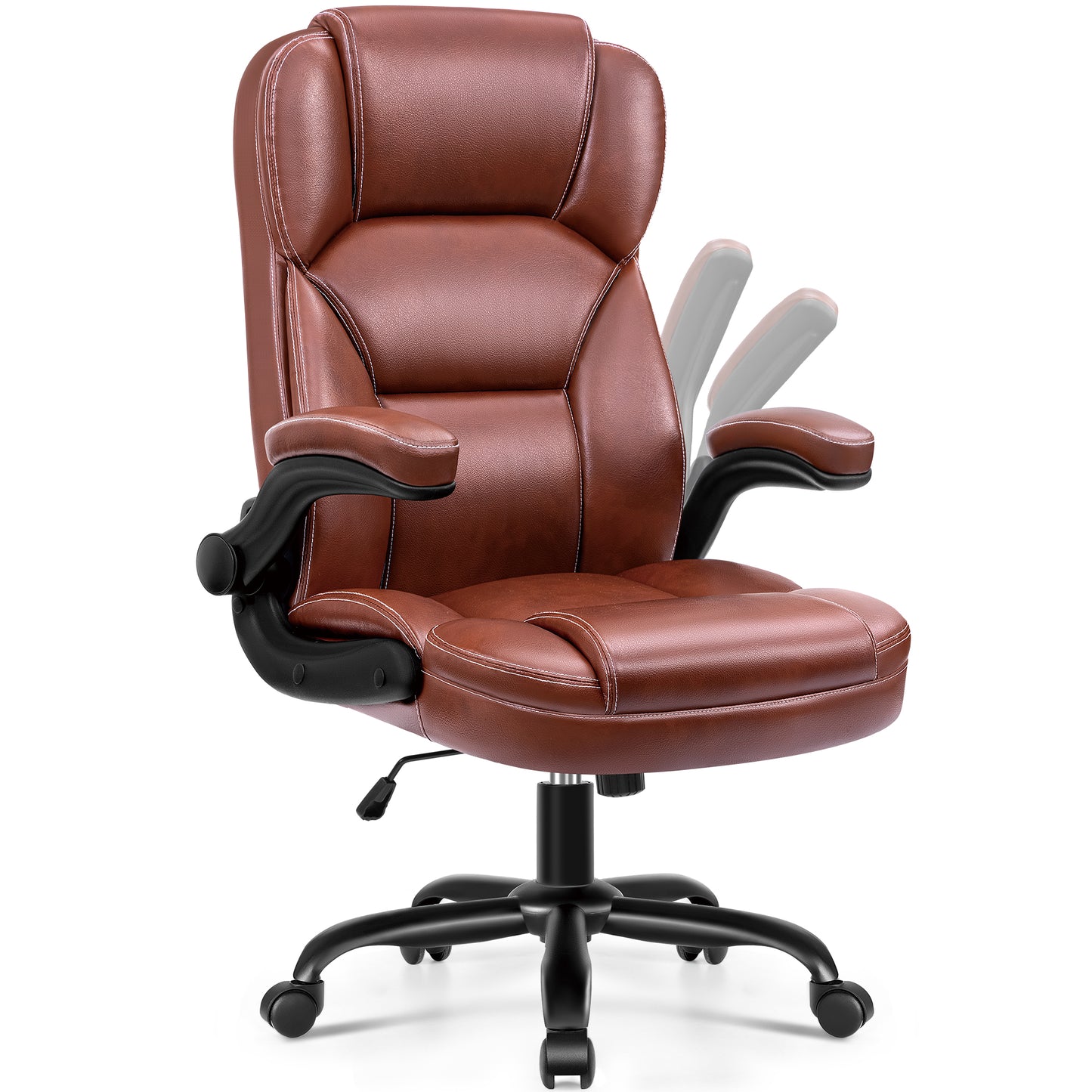 Leather Office Chair with Flip Up Arms, 360° Swivel Ergonomic Desk Chair with Rocking Function