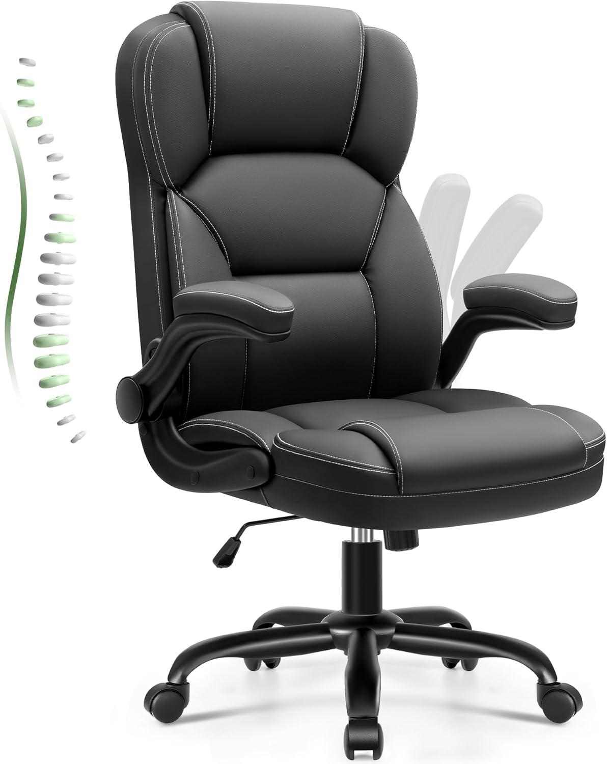 Leather Office Chair with Flip Up Arms, 360° Swivel Ergonomic Desk Chair with Rocking Function