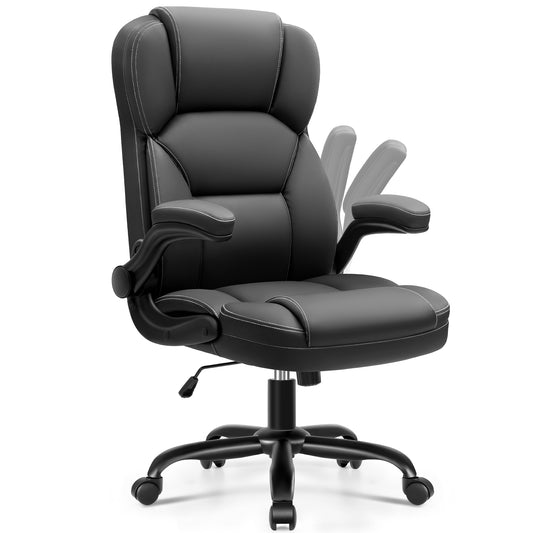 Leather Office Chair with Flip Up Arms, 360° Swivel Ergonomic Desk Chair with Rocking Function