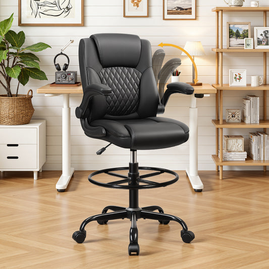Drafting Chair,Tall Office Chair for Standing Desk,High Executive Leather Ergonomic Computer Chair with Adjustable Height and Flip-Up Armrest for Counter Height Desk