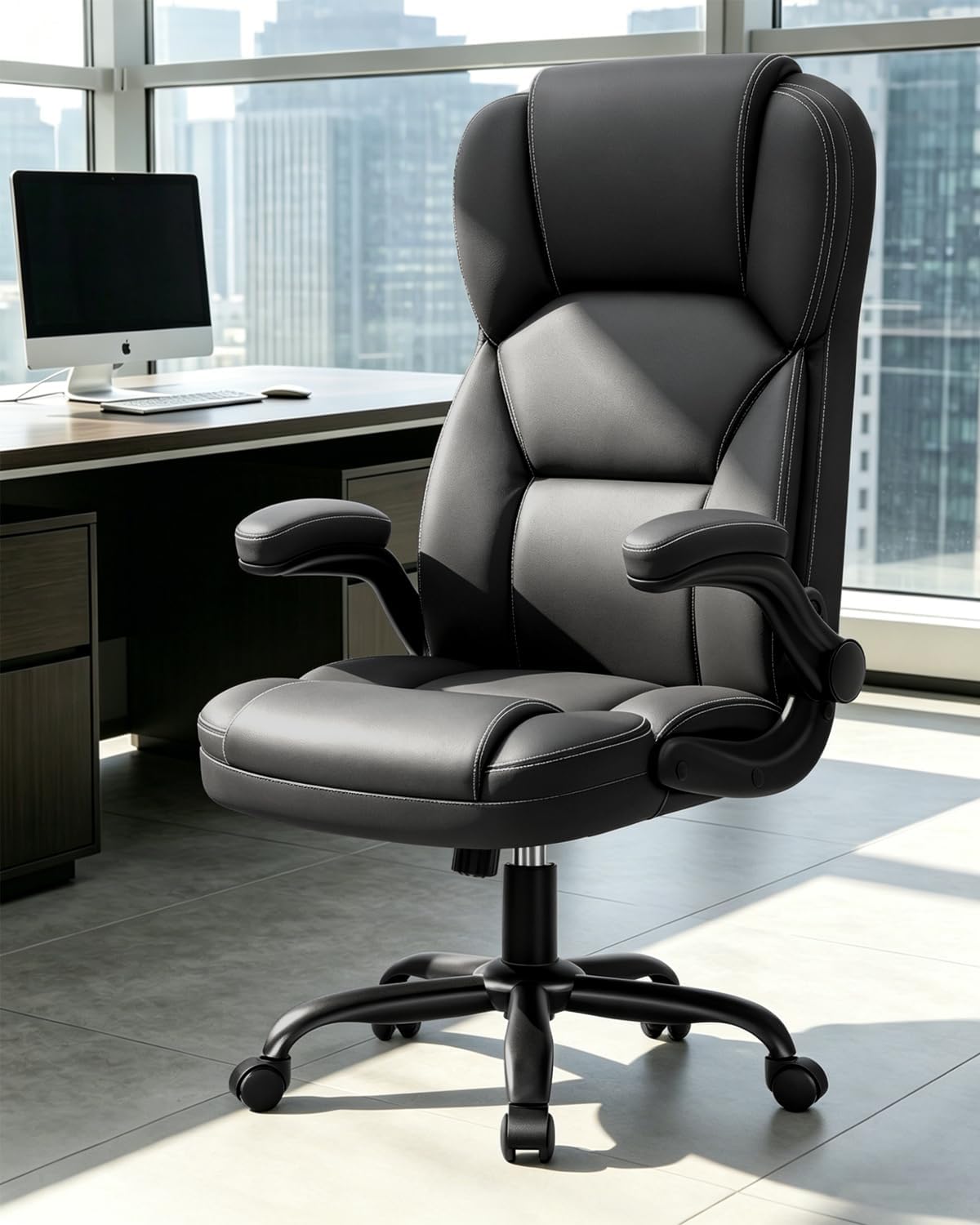 Leather Office Chair with Flip Up Arms, 360° Swivel Ergonomic Desk Chair with Rocking Function