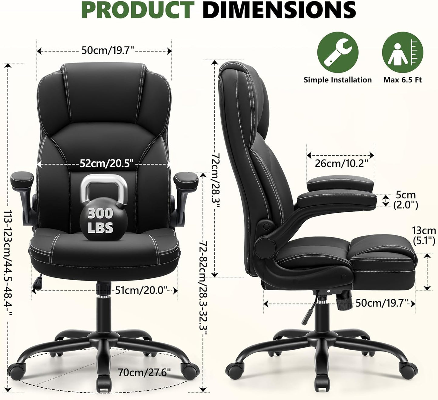 Leather Office Chair with Flip Up Arms, 360° Swivel Ergonomic Desk Chair with Rocking Function