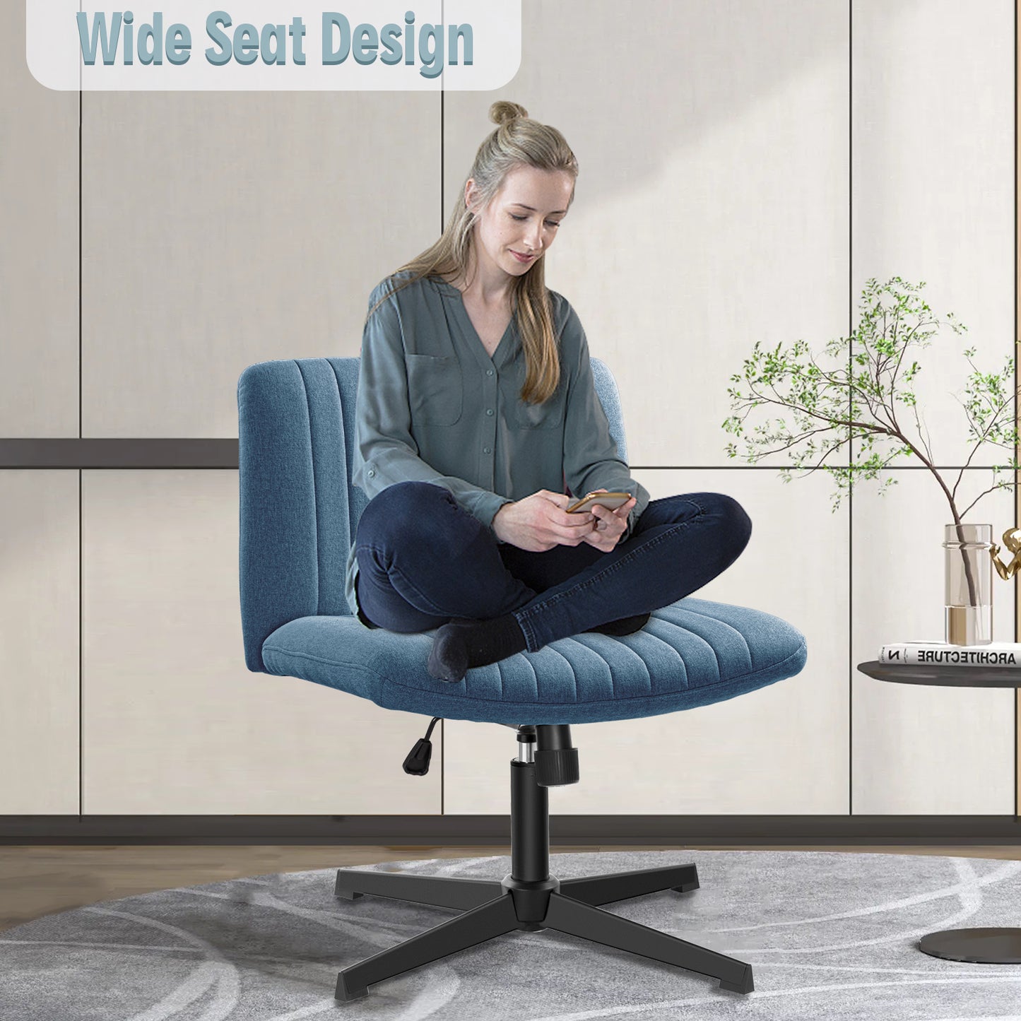Brick Attic Armless Office Chair no Wheels, Ergonomic Wide Seat Swivel Desk Chair, Height Adjustable Cross Legged Comfortable Computer Chair for Living Room, Vanity Accent Chair