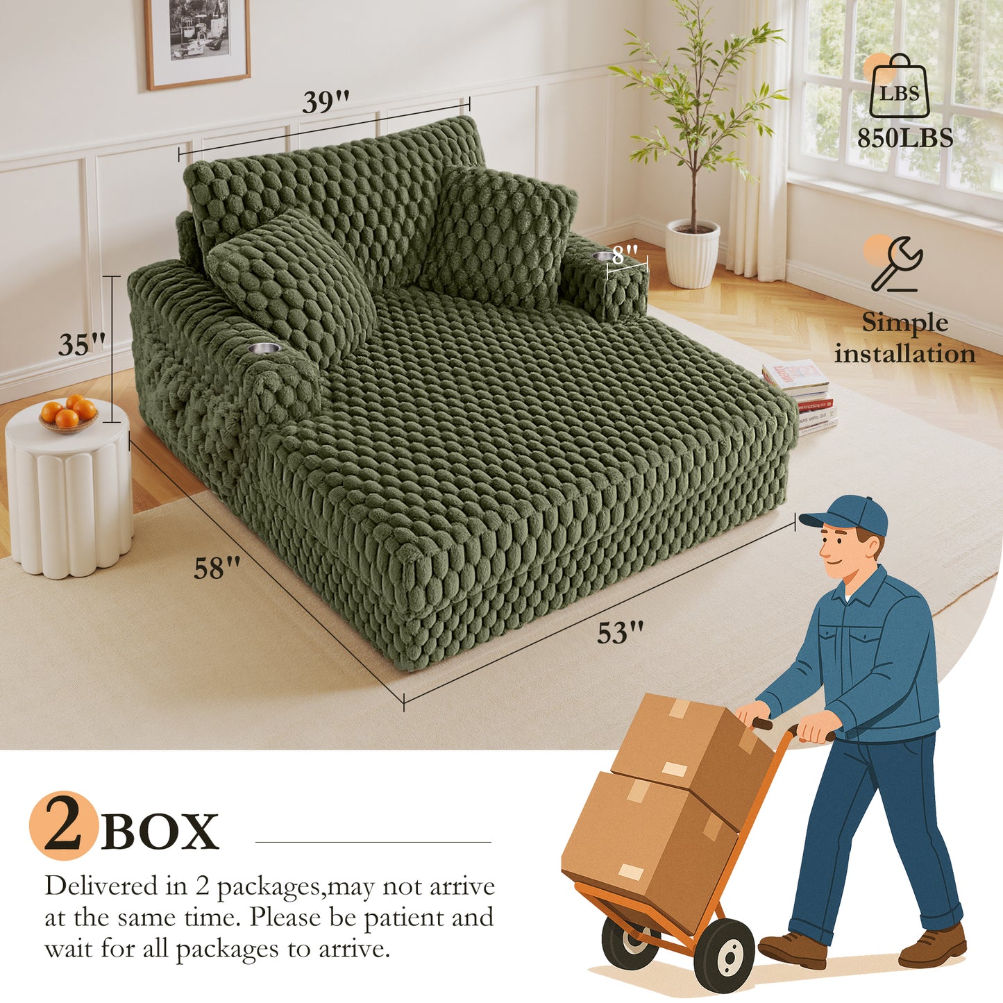 Oversized Chaise Lounge Chair Indoor 58 Inch Soft Cushioned Sofa Bed with Armrests and Cup Holder Plush Faux Fur Reading Chair for Living Room Bedroom Office Cloud Sofa Combination