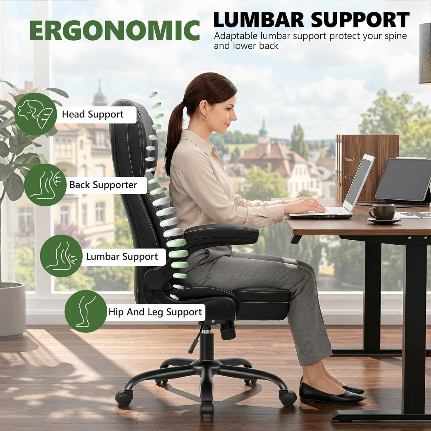 Leather Office Chair with Flip Up Arms, 360° Swivel Ergonomic Desk Chair with Rocking Function