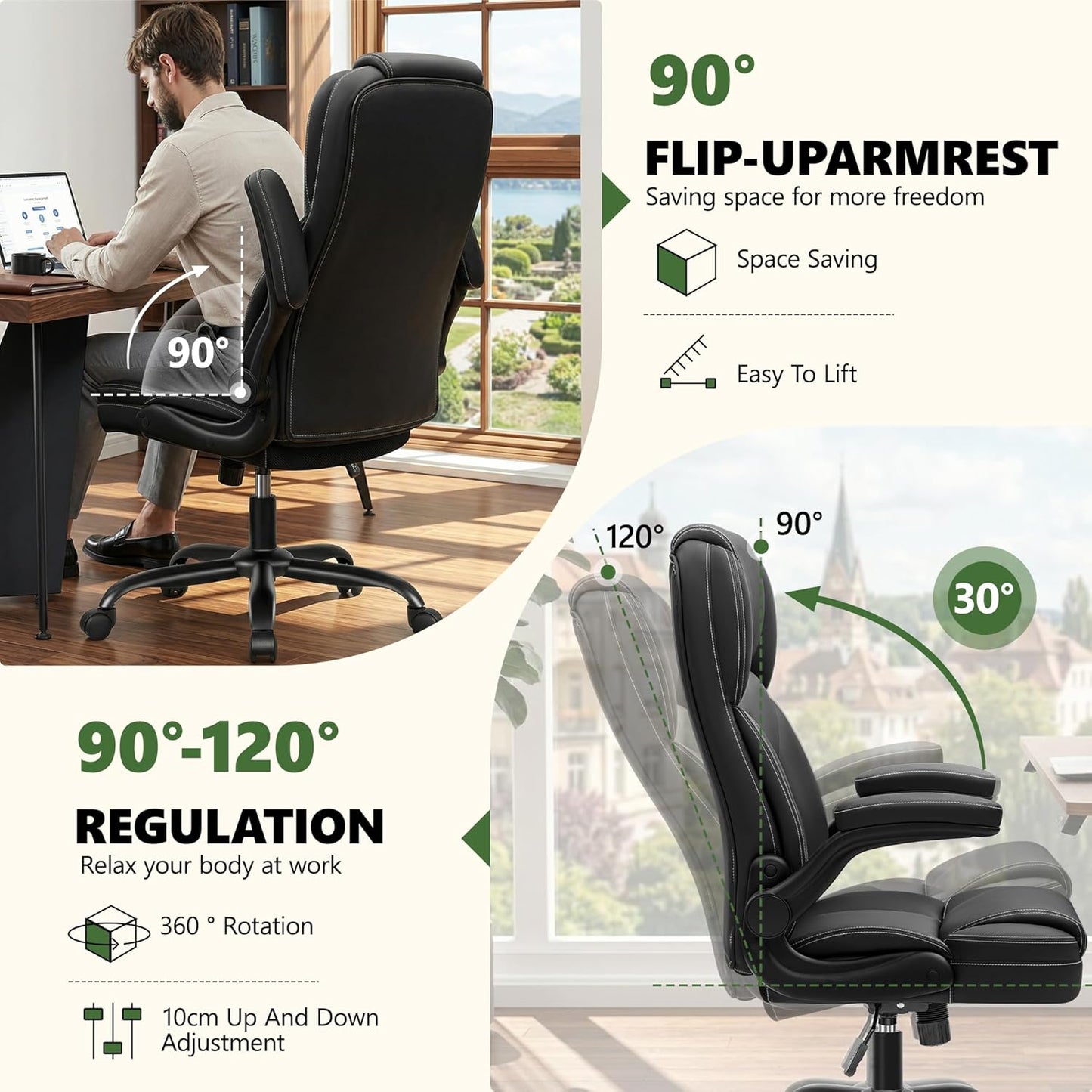 Leather Office Chair with Flip Up Arms, 360° Swivel Ergonomic Desk Chair with Rocking Function