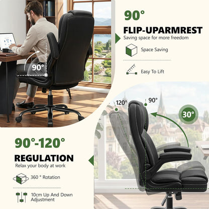 Leather Office Chair with Flip Up Arms, 360° Swivel Ergonomic Desk Chair with Wheels, Adjustable Height Computer Chair with Padded Seat for Home Office, Study,Gaming Room