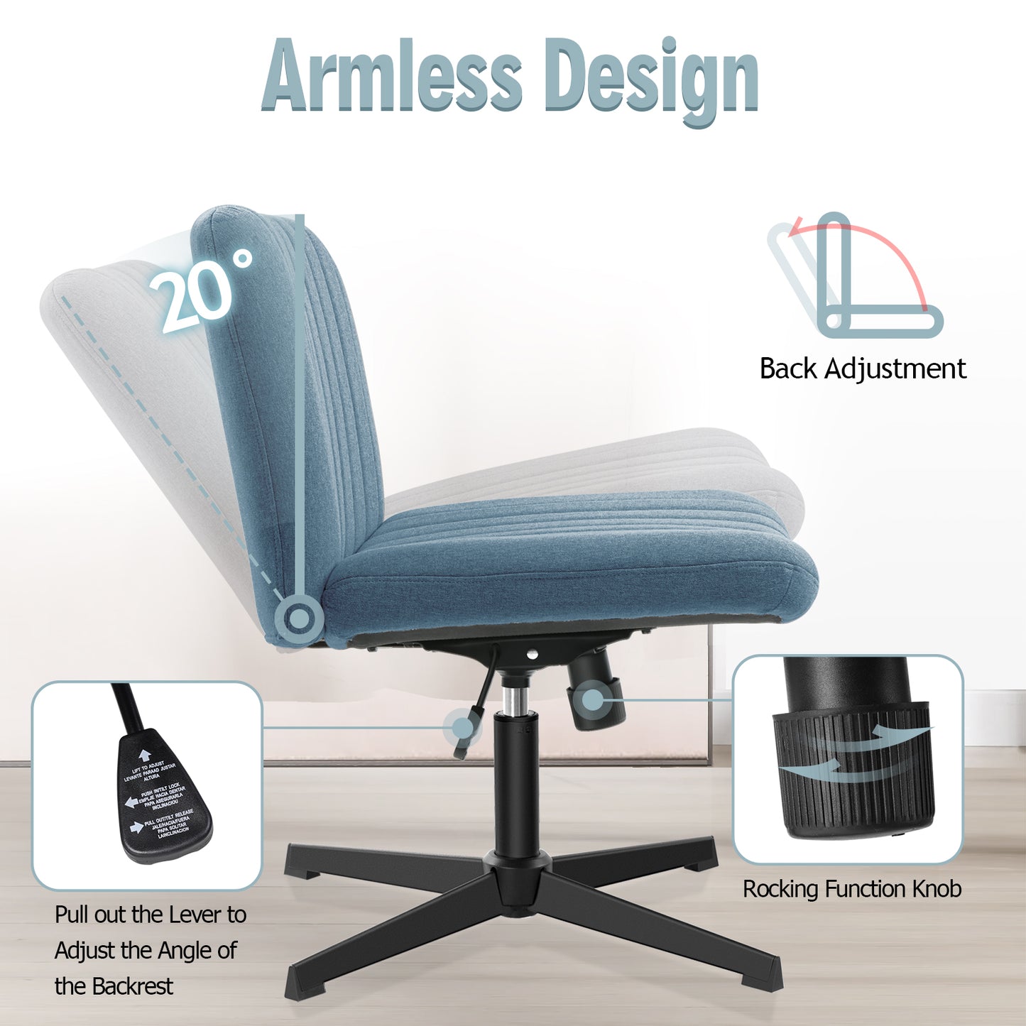 Brick Attic Armless Office Chair no Wheels, Ergonomic Wide Seat Swivel Desk Chair, Height Adjustable Cross Legged Comfortable Computer Chair for Living Room, Vanity Accent Chair
