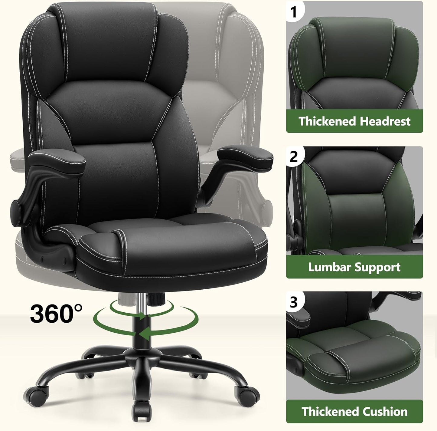 Leather Office Chair with Flip Up Arms, 360° Swivel Ergonomic Desk Chair with Rocking Function