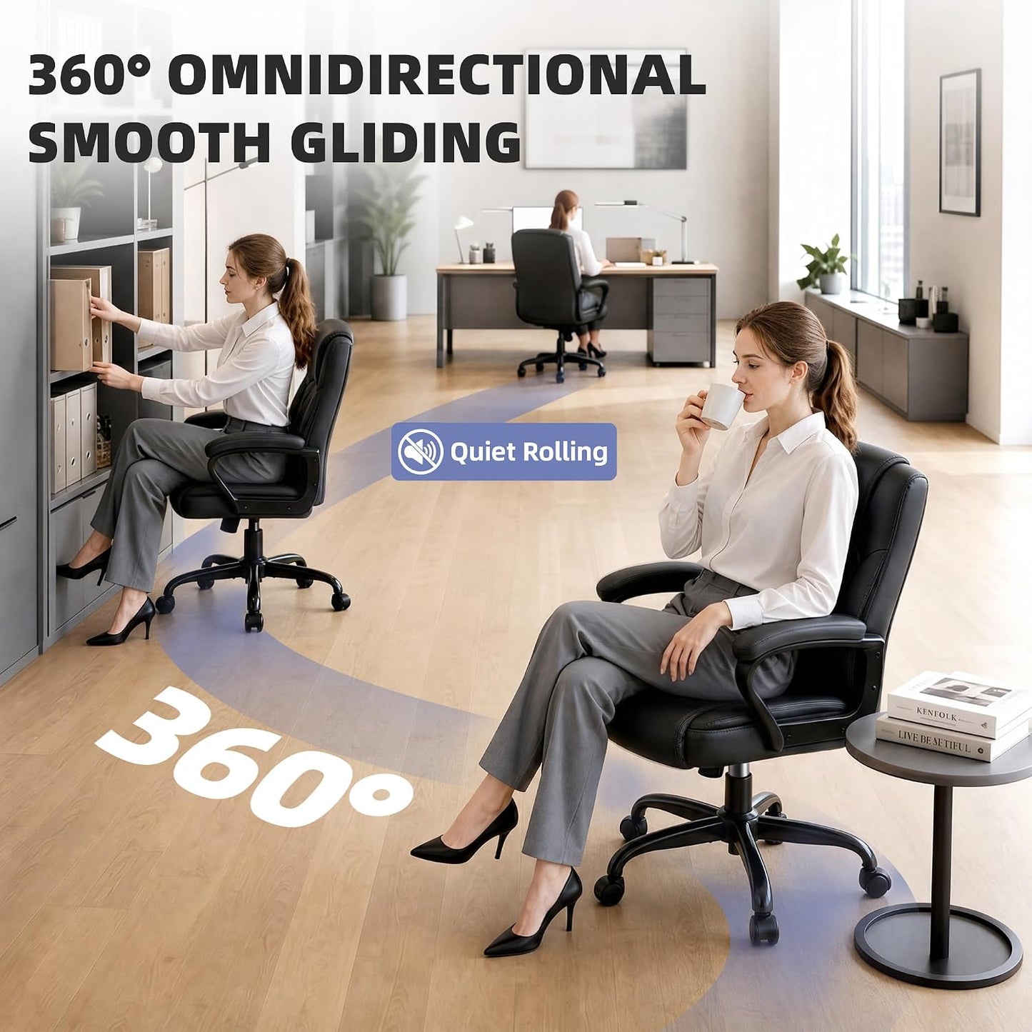 Executive Office Chair, PU Leather Computer Desk Chair with Padded Arms | Ergonomic back support, 300 lbs capacity, 3.9 in cushioned seat, height adjustable, 360 swivel, tilt lock, home office