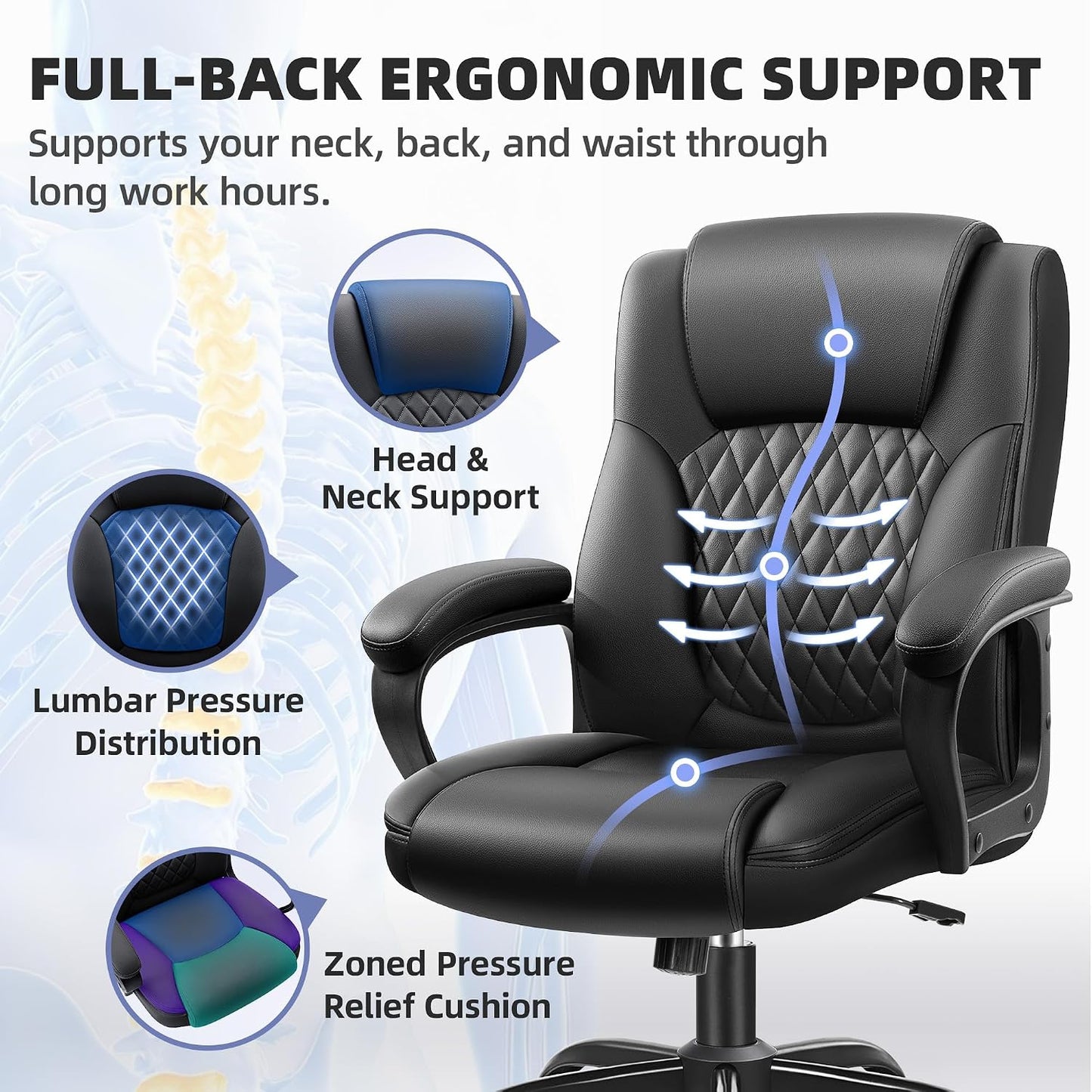 Executive Office Chair, PU Leather Computer Desk Chair with Padded Arms | Ergonomic back support, 300 lbs capacity, 3.9 in cushioned seat, height adjustable, 360 swivel, tilt lock, home office