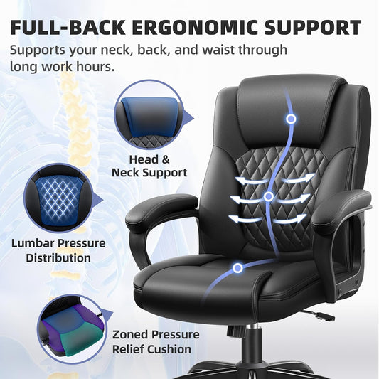 Executive Office Chair, PU Leather Computer Desk Chair with Padded Arms | Ergonomic back support, 300 lbs capacity, 3.9 in cushioned seat, height adjustable, 360 swivel, tilt lock, home office