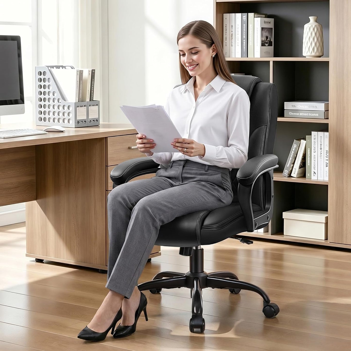Executive Office Chair, PU Leather Computer Desk Chair with Padded Arms | Ergonomic back support, 300 lbs capacity, 3.9 in cushioned seat, height adjustable, 360 swivel, tilt lock, home office