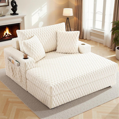 Oversized Chaise Lounge Chair Indoor 58 Inch Soft Cushioned Sofa Bed with Armrests and Cup Holder Plush Faux Fur Reading Chair for Living Room Bedroom Office Cloud Sofa Combination