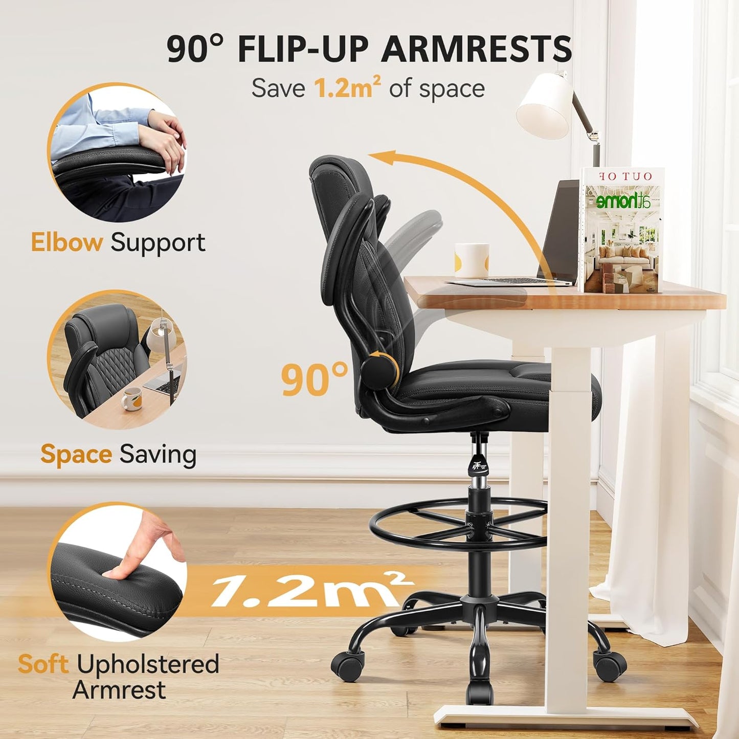 Drafting Chair,Tall Office Chair for Standing Desk,High Executive Leather Ergonomic Computer Chair with Adjustable Height and Flip-Up Armrest for Counter Height Desk