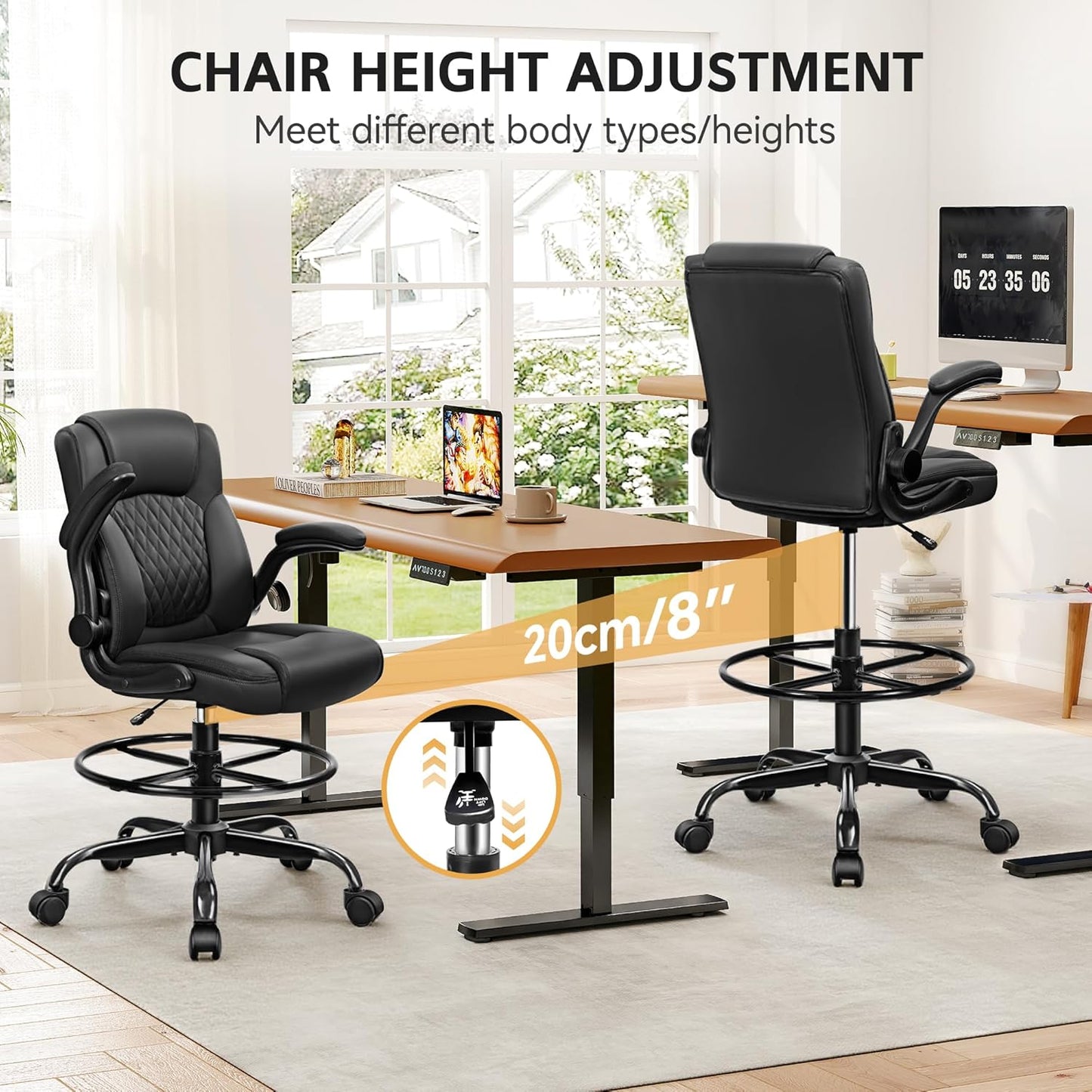 Drafting Chair,Tall Office Chair for Standing Desk,High Executive Leather Ergonomic Computer Chair with Adjustable Height and Flip-Up Armrest for Counter Height Desk