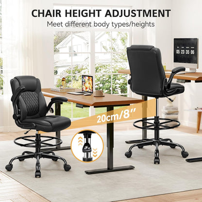 Drafting Chair,Tall Office Chair for Standing Desk,High Executive Leather Ergonomic Computer Chair with Adjustable Height and Flip-Up Armrest for Counter Height Desk