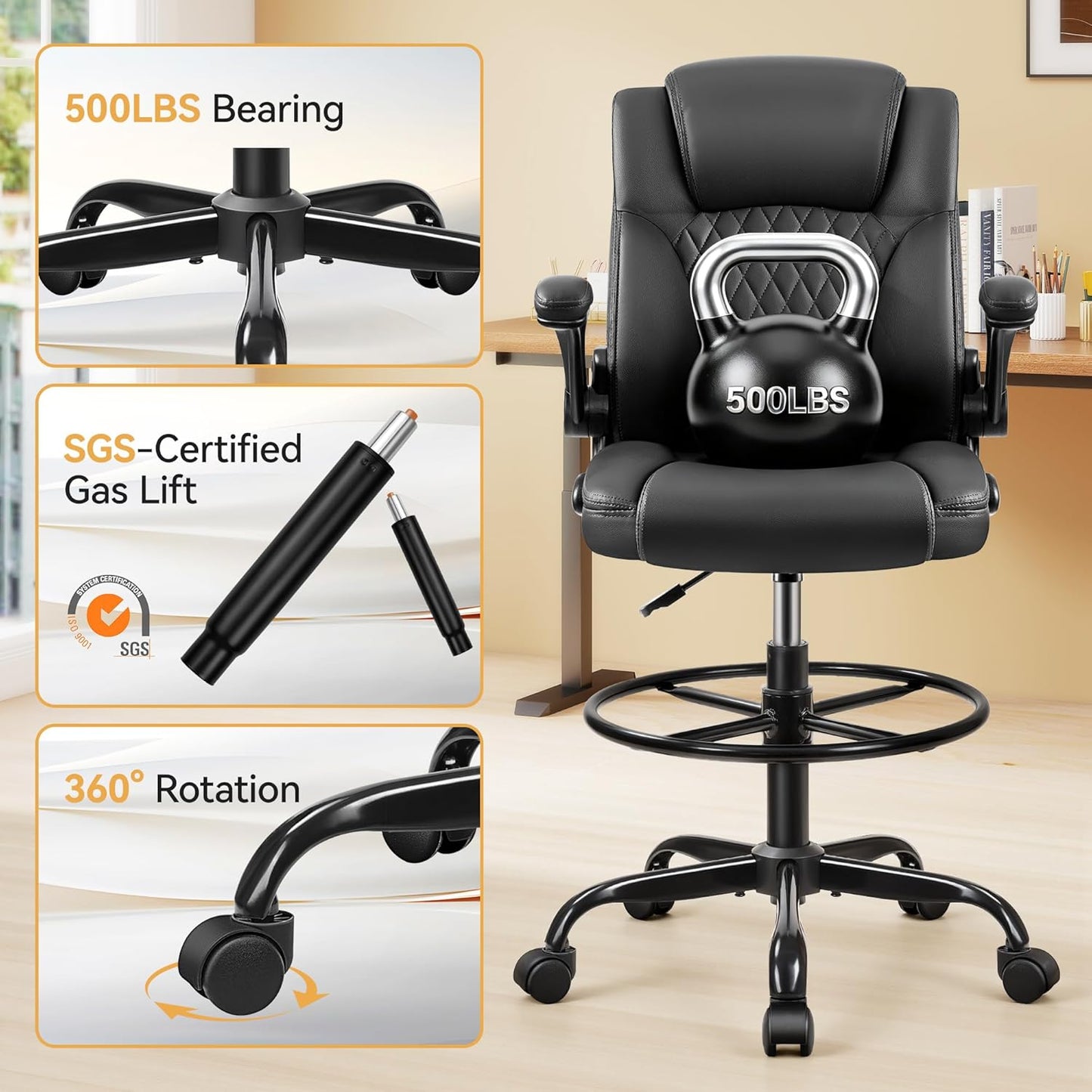 Drafting Chair,Tall Office Chair for Standing Desk,High Executive Leather Ergonomic Computer Chair with Adjustable Height and Flip-Up Armrest for Counter Height Desk
