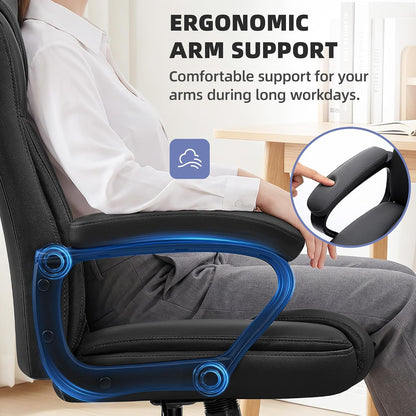 Executive Office Chair, PU Leather Computer Desk Chair with Padded Arms | Ergonomic back support, 300 lbs capacity, 3.9 in cushioned seat, height adjustable, 360 swivel, tilt lock, home office
