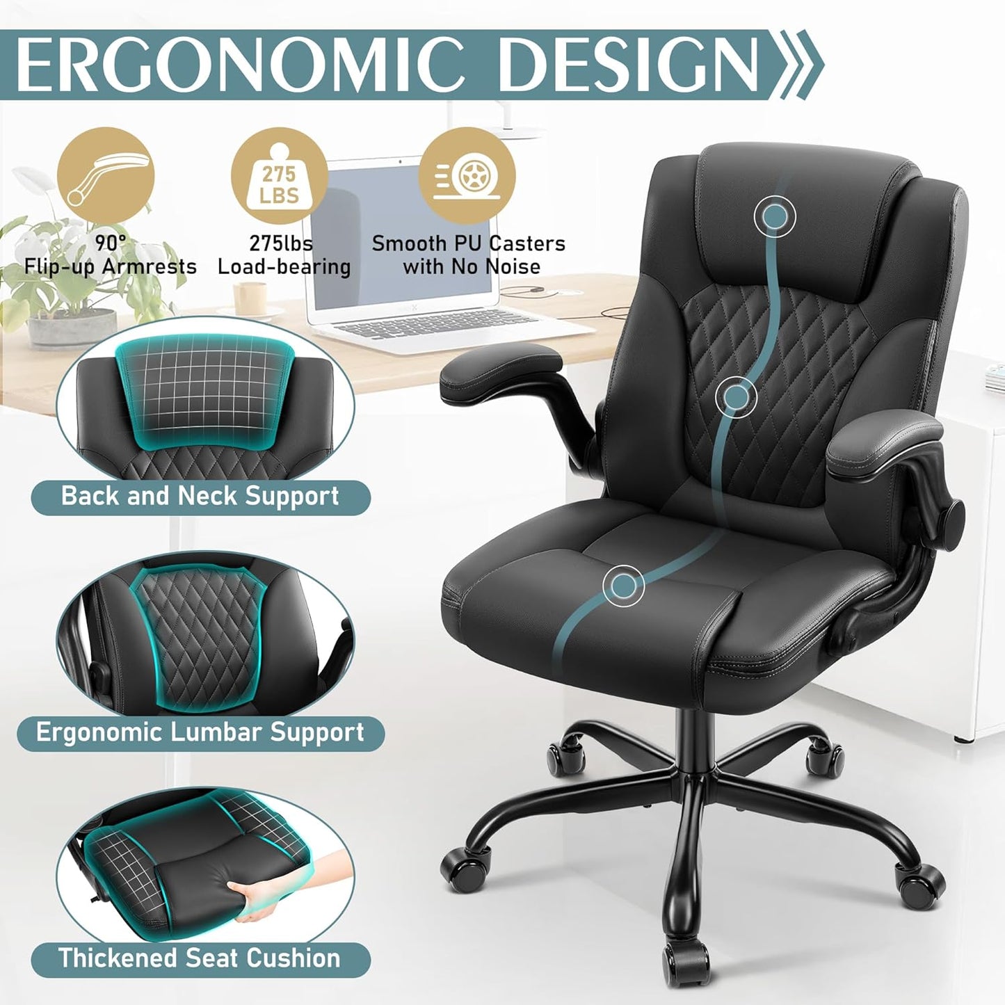 Leather Office Chair, PU Home Computer Desk Chairs with Ergonomic Back Support, 360°Swivel Free，Small Gmaing Chair with Wheels and Adjustable Armrests, for Short People Use