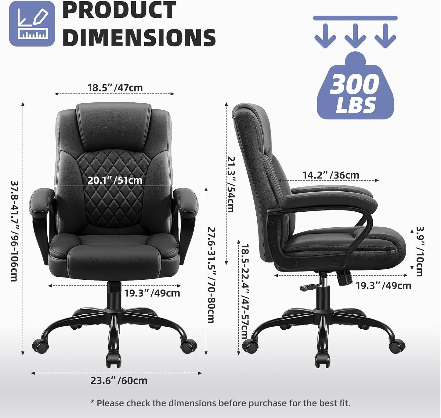 Executive Office Chair, PU Leather Computer Desk Chair with Padded Arms | Ergonomic back support, 300 lbs capacity, 3.9 in cushioned seat, height adjustable, 360 swivel, tilt lock, home office