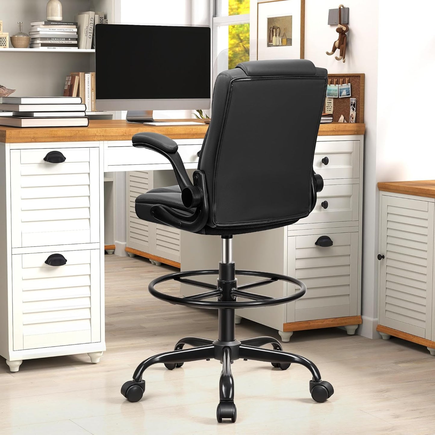 Drafting Chair,Tall Office Chair for Standing Desk,High Executive Leather Ergonomic Computer Chair with Adjustable Height and Flip-Up Armrest for Counter Height Desk
