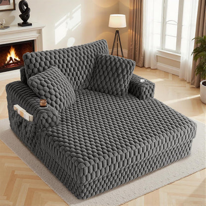 Oversized Chaise Lounge Chair Indoor 58 Inch Soft Cushioned Sofa Bed with Armrests and Cup Holder Plush Faux Fur Reading Chair for Living Room Bedroom Office Cloud Sofa Combination