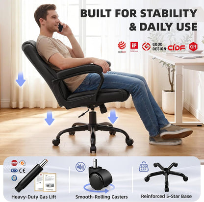 Executive Office Chair, PU Leather Computer Desk Chair with Padded Arms | Ergonomic back support, 300 lbs capacity, 3.9 in cushioned seat, height adjustable, 360 swivel, tilt lock, home office