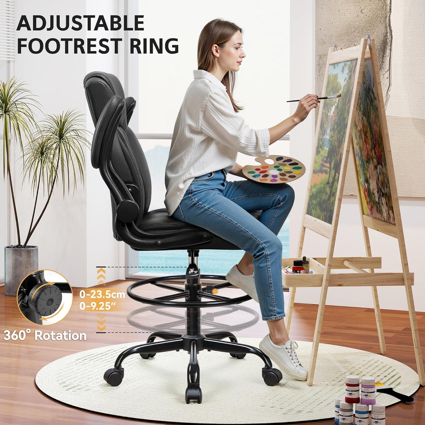 Drafting Chair,Tall Office Chair for Standing Desk,High Executive Leather Ergonomic Computer Chair with Adjustable Height and Flip-Up Armrest for Counter Height Desk