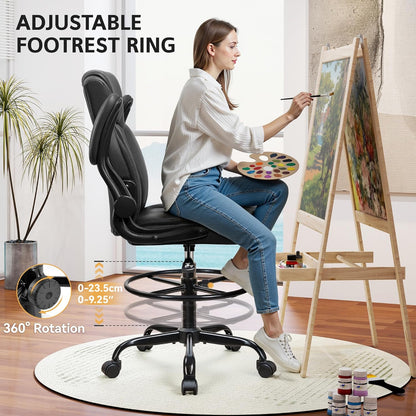 Drafting Chair,Tall Office Chair for Standing Desk,High Executive Leather Ergonomic Computer Chair with Adjustable Height and Flip-Up Armrest for Counter Height Desk
