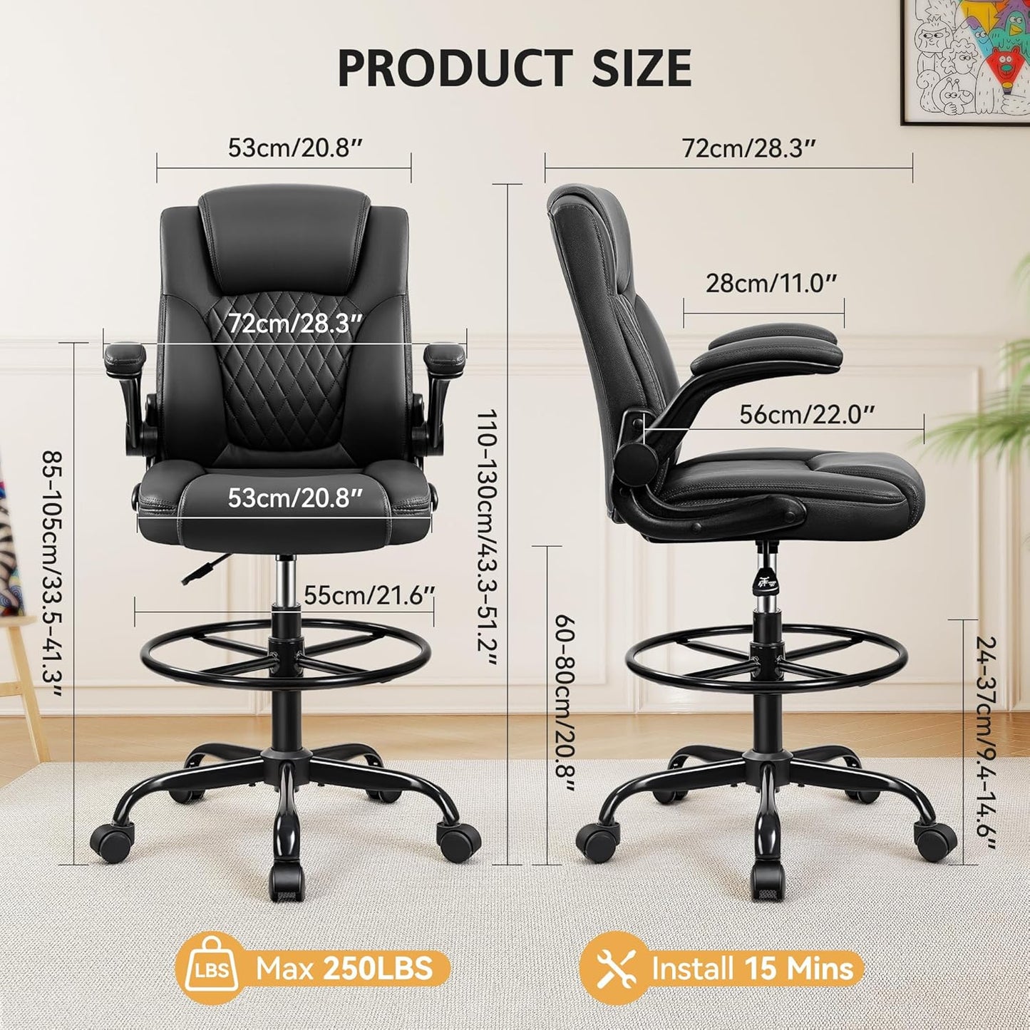 Drafting Chair,Tall Office Chair for Standing Desk,High Executive Leather Ergonomic Computer Chair with Adjustable Height and Flip-Up Armrest for Counter Height Desk