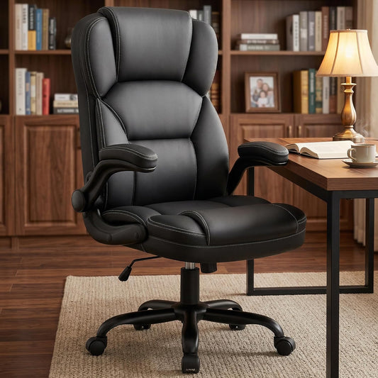 Leather Office Chair with Flip Up Arms, 360° Swivel Ergonomic Desk Chair with Rocking Function
