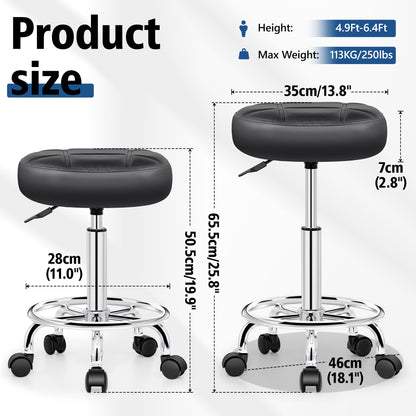 Rolling Stool with Wheels, PU Leather Small Office Chair with Foot Rest,Versatile Adjustable Swivel Stool for Tattoo Massage Salon Spa Teach Medical Facial Office Home Work Kitchen