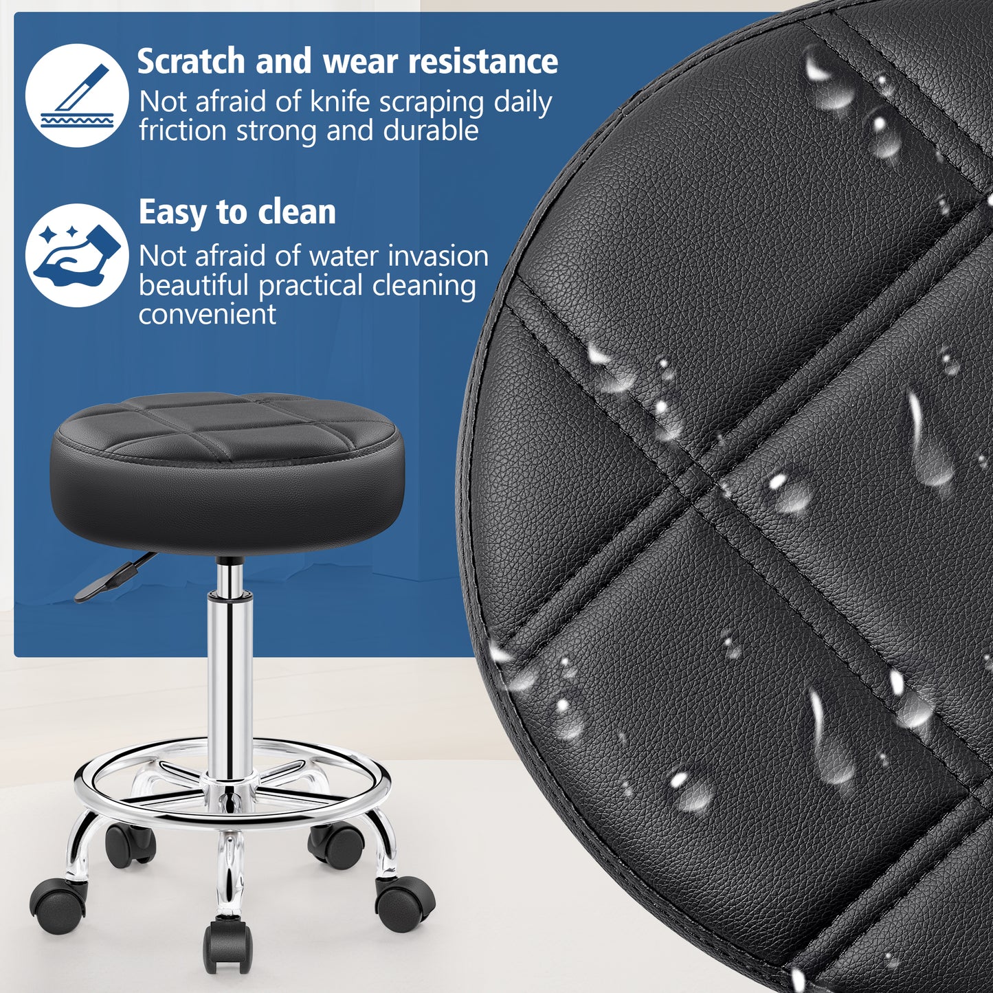 Rolling Stool with Wheels, PU Leather Small Office Chair with Foot Rest,Versatile Adjustable Swivel Stool for Tattoo Massage Salon Spa Teach Medical Facial Office Home Work Kitchen