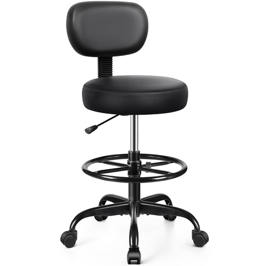 Drafting Chair with Backrest – Adjustable Foot Rest Rolling Stool with Wheels, PU Leather Swivel Stool for Office Spa Studio Lab Counter Salon Home Work Bar Kitchen Shop