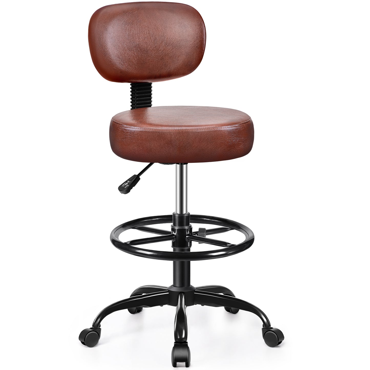 Drafting Chair with Backrest – Adjustable Foot Rest Rolling Stool with Wheels, PU Leather Swivel Stool for Office Spa Studio Lab Counter Salon Home Work Bar Kitchen Shop