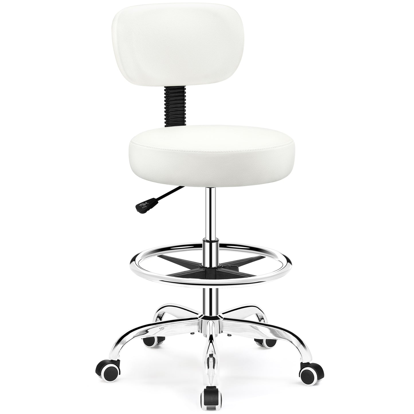 Drafting Chair with Backrest – Adjustable Foot Rest Rolling Stool with Wheels, PU Leather Swivel Stool for Office Spa Studio Lab Counter Salon Home Work Bar Kitchen Shop