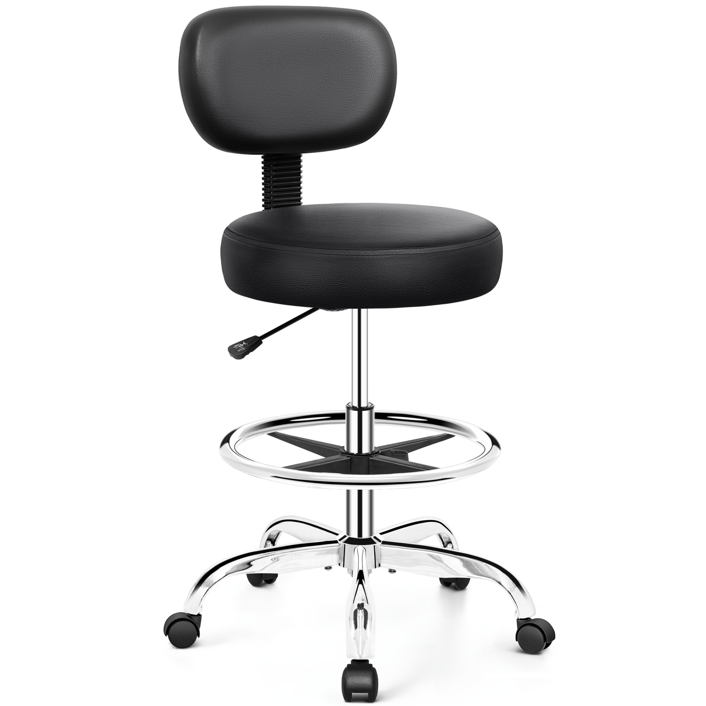 Drafting Chair with Backrest – Adjustable Foot Rest Rolling Stool with Wheels, PU Leather Swivel Stool for Office Spa Studio Lab Counter Salon Home Work Bar Kitchen Shop