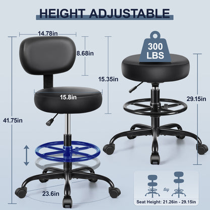 Drafting Chair with Backrest – Adjustable Foot Rest Rolling Stool with Wheels, PU Leather Swivel Stool for Office Spa Studio Lab Counter Salon Home Work Bar Kitchen Shop