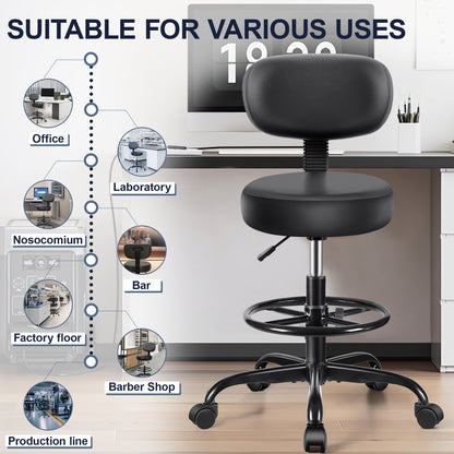 Drafting Chair with Backrest – Adjustable Foot Rest Rolling Stool with Wheels, PU Leather Swivel Stool for Office Spa Studio Lab Counter Salon Home Work Bar Kitchen Shop