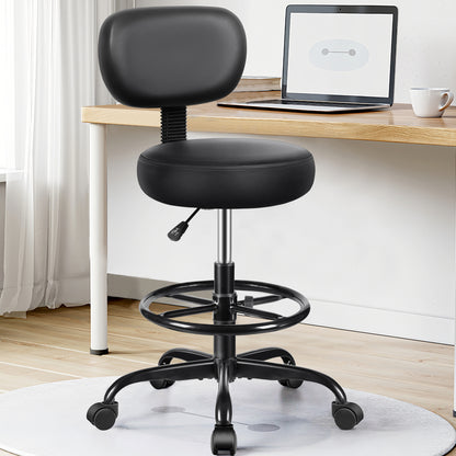 Drafting Chair with Backrest – Adjustable Foot Rest Rolling Stool with Wheels, PU Leather Swivel Stool for Office Spa Studio Lab Counter Salon Home Work Bar Kitchen Shop