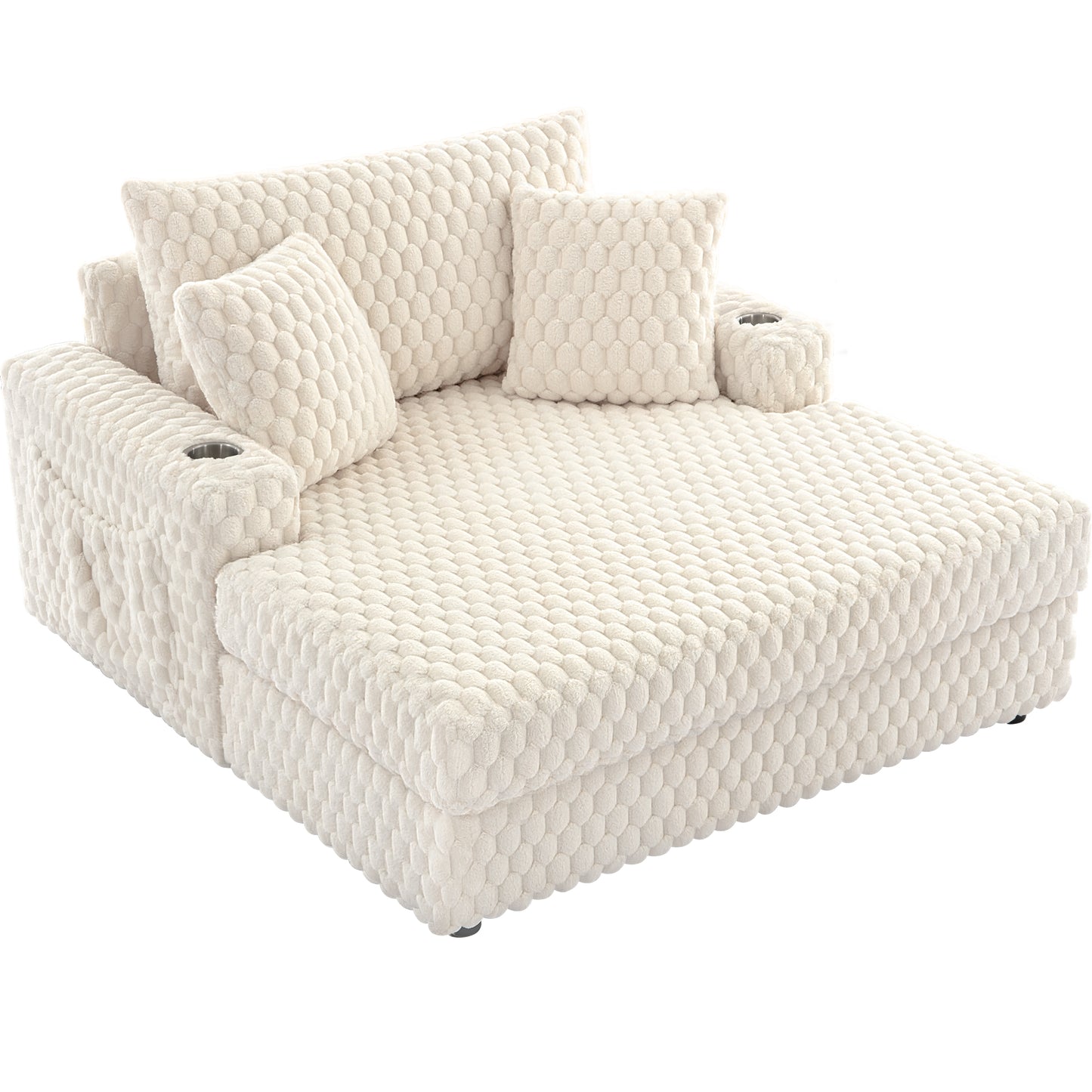 Oversized Chaise Lounge Chair Indoor 58 Inch Soft Cushioned Sofa Bed with Armrests and Cup Holder Plush Faux Fur Reading Chair for Living Room Bedroom Office Cloud Sofa Combination