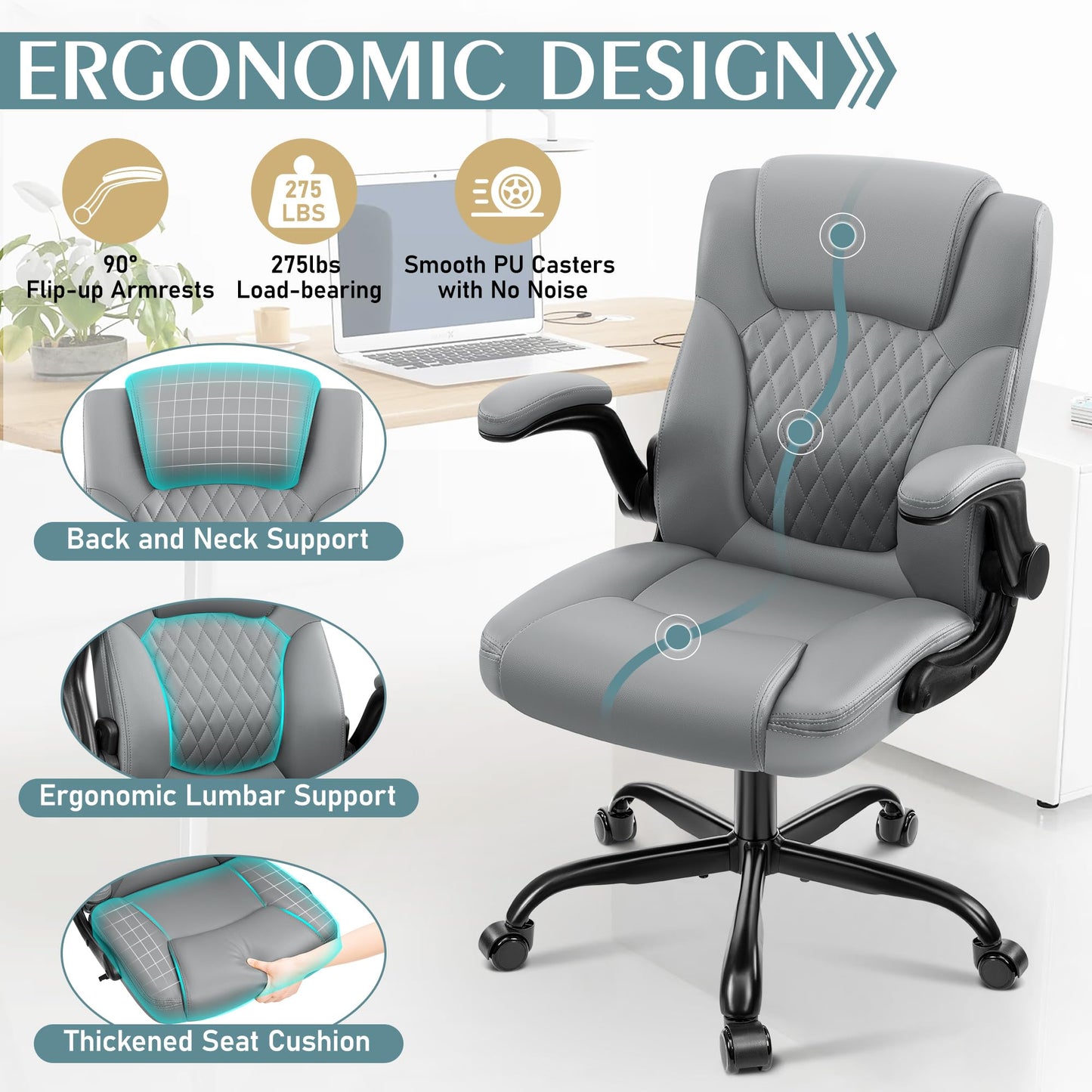 Leather Office Chair, PU Home Computer Desk Chairs with Ergonomic Back Support