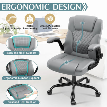 Leather Office Chair, PU Home Computer Desk Chairs with Ergonomic Back Support